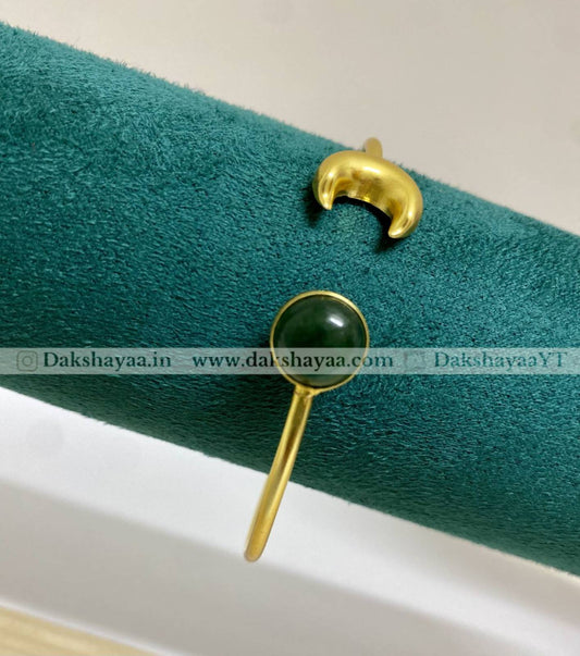 Green Aventurine & Crescent Moon Open Bangle | Gold Plated Brass