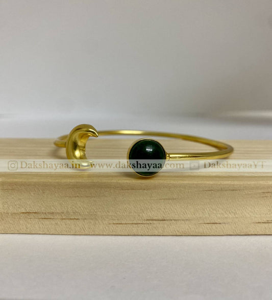 Green Aventurine & Crescent Moon Open Bangle | Gold Plated Brass
