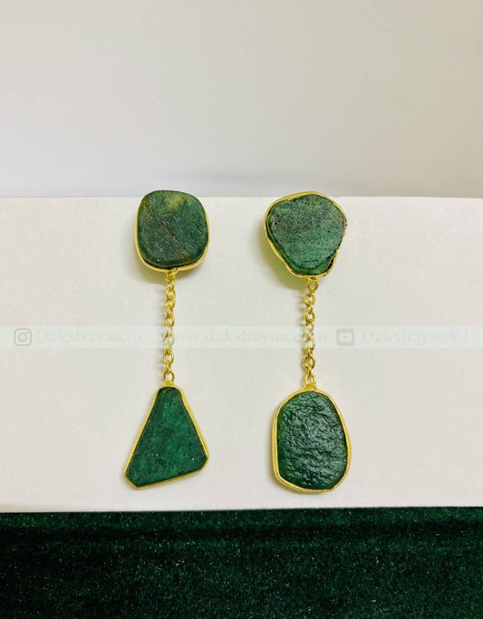 Green Aventurine Raw Crystal Drop Earrings  | Gold Plated Brass