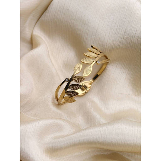 Leaf Motif CZ Leaf Bangle | 18K Gold Plated Stainless Steel