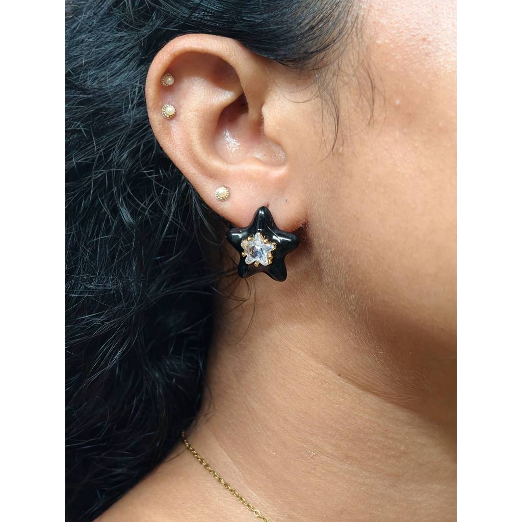 Black Enamel Star Stud Earrings