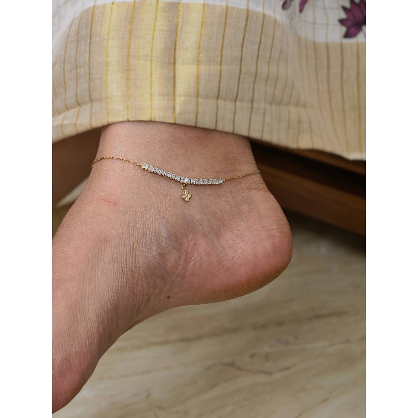 CZ Bar & Charm Anklet Pair