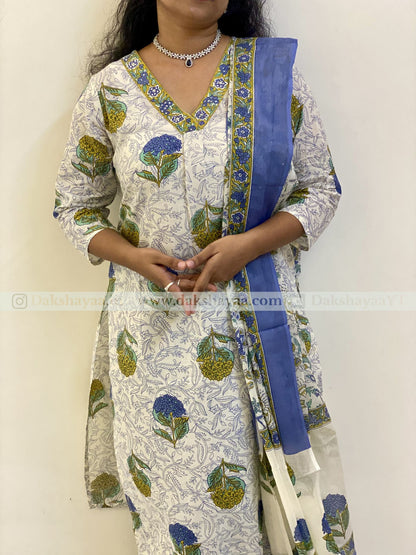 Blue Botanical Block Print Cotton Kurta Set