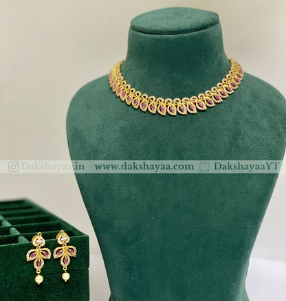 Pink Leaf Motif Choker Necklace Set