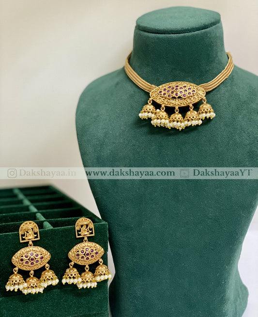 Matt Gold Temple Oval Choker Necklace Set