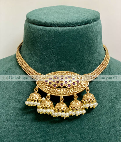 Matt Gold Temple Oval Choker Necklace Set