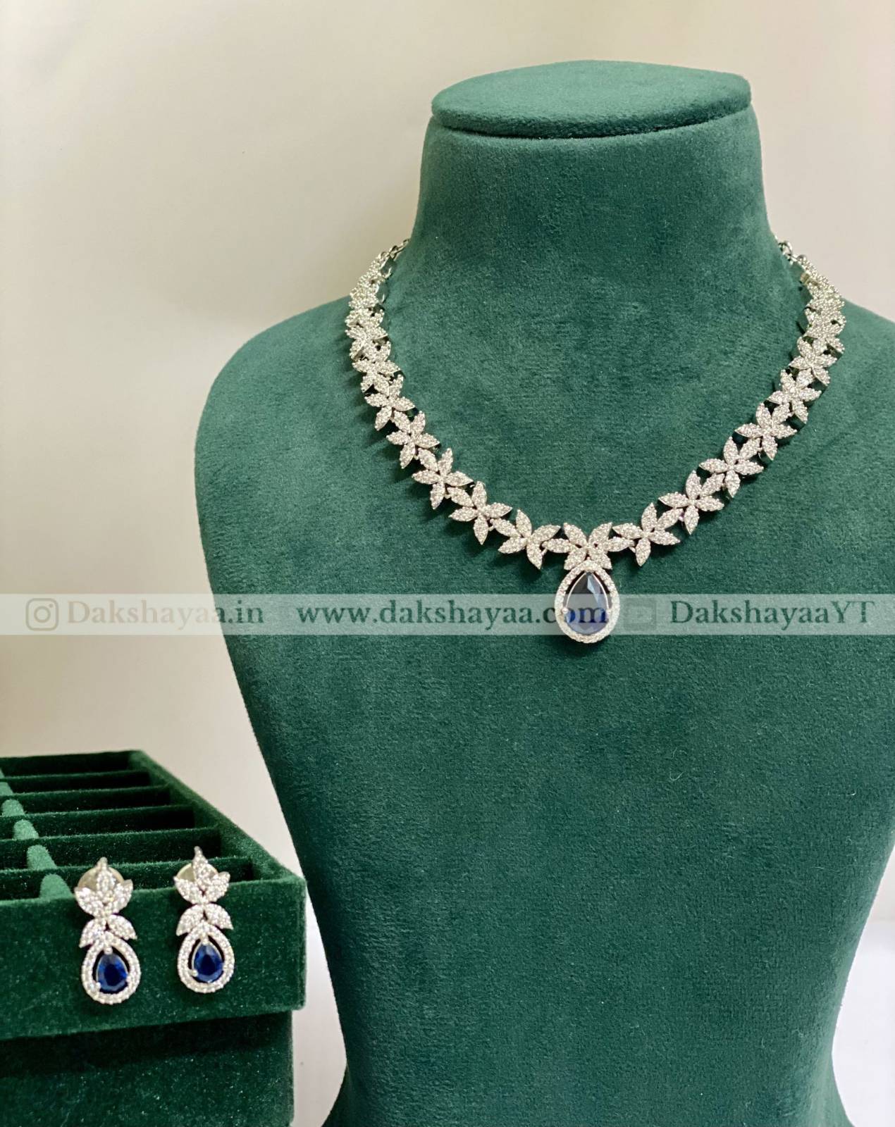 Royal Blue Cubic Zirconia Floral Necklace Set