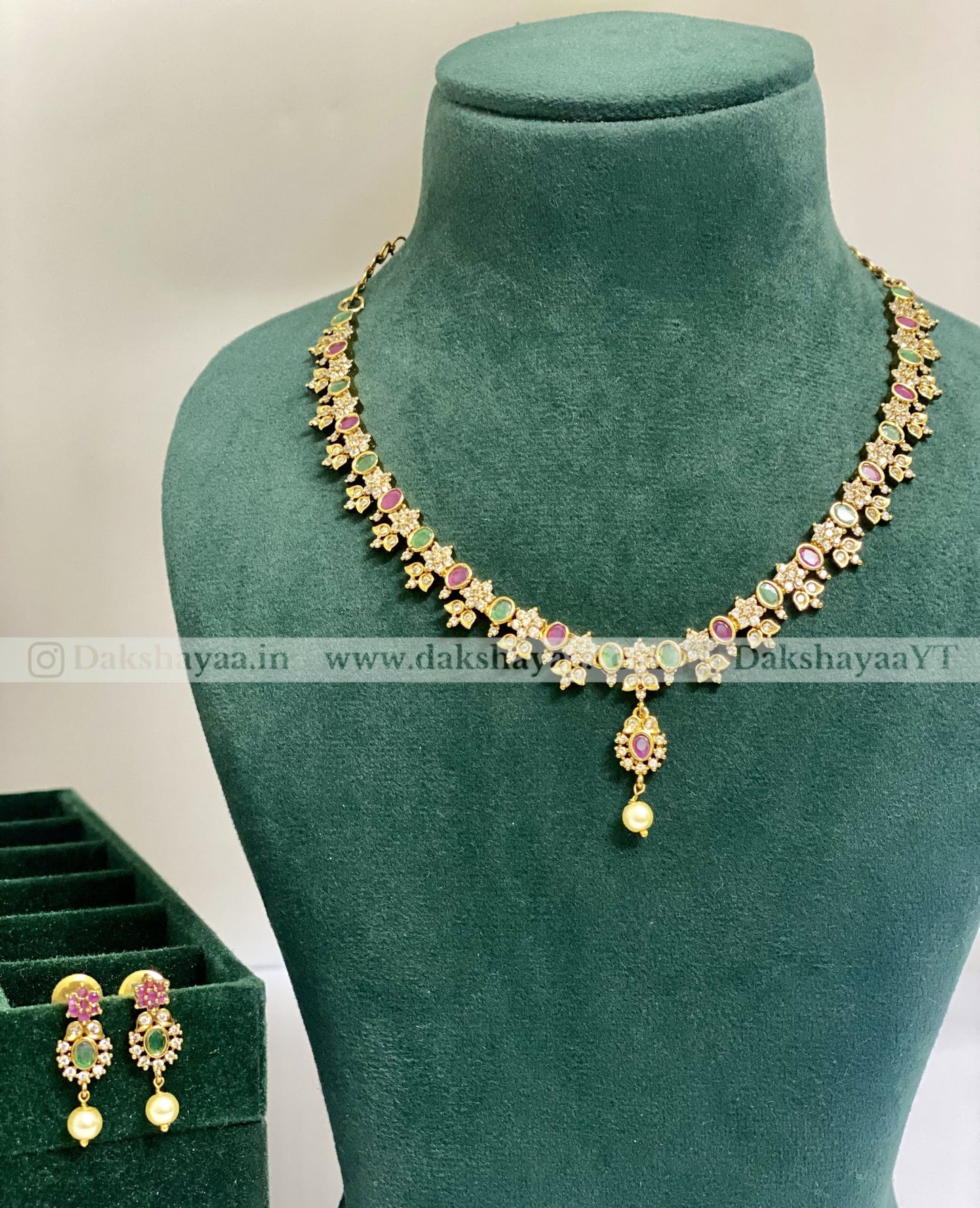 Green & Pink Stone AD Pearl Necklace Set