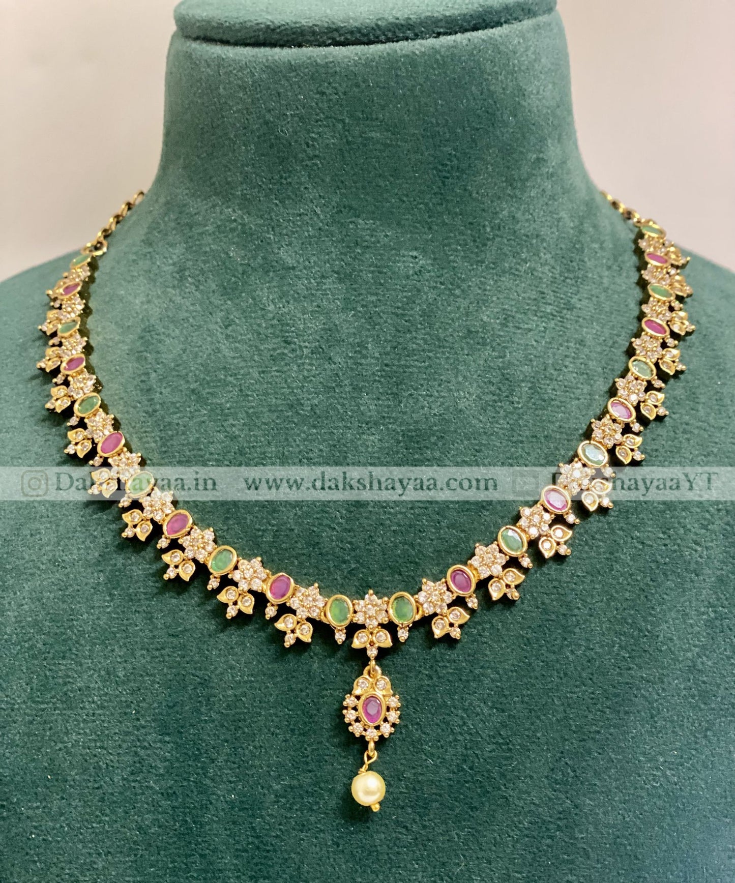 Green & Pink Stone AD Pearl Necklace Set