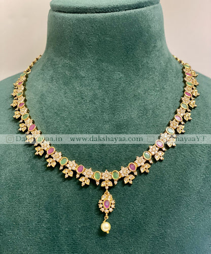 Green & Pink Stone AD Pearl Necklace Set
