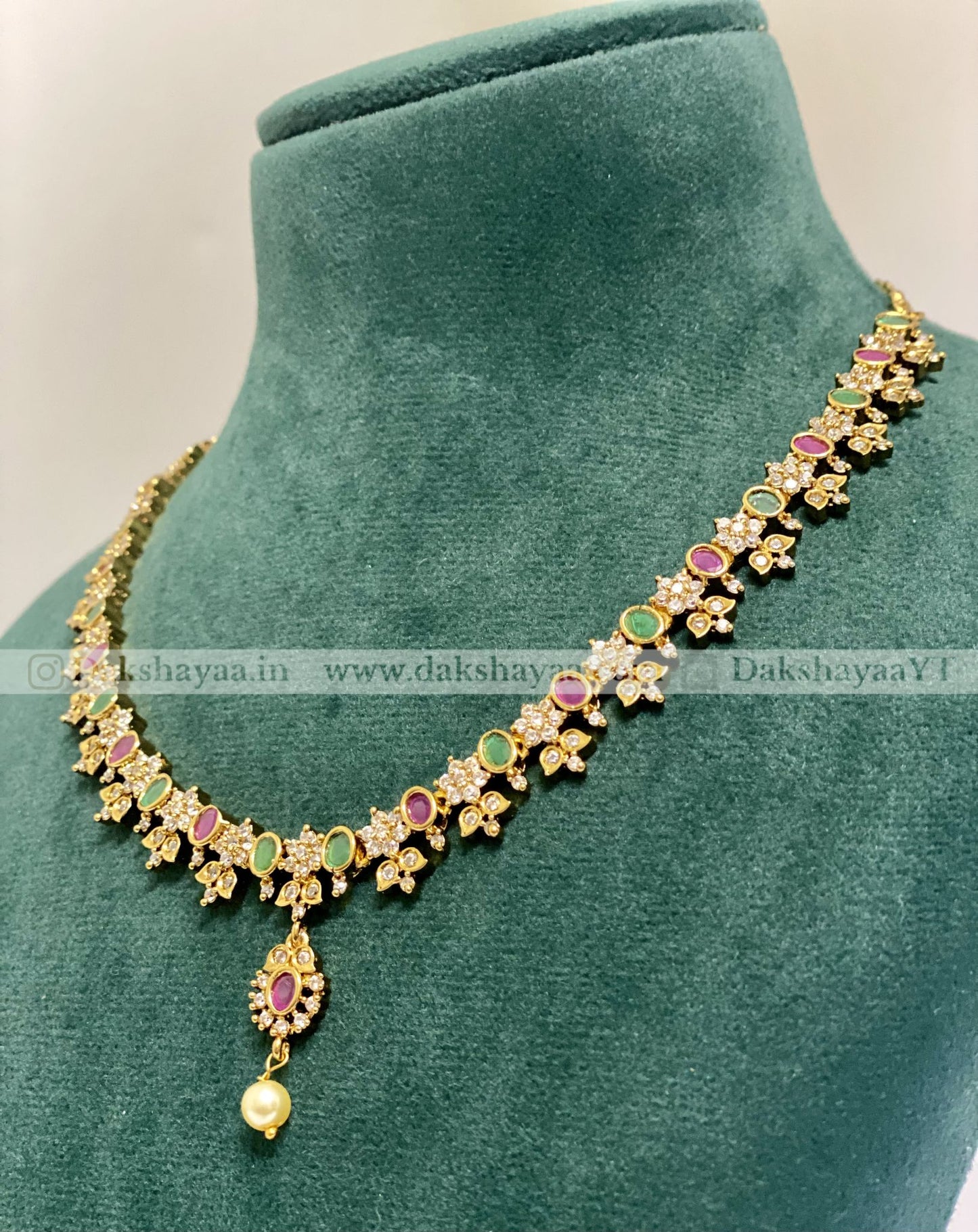 Green & Pink Stone AD Pearl Necklace Set