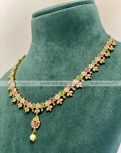 Green & Pink Stone AD Pearl Necklace Set