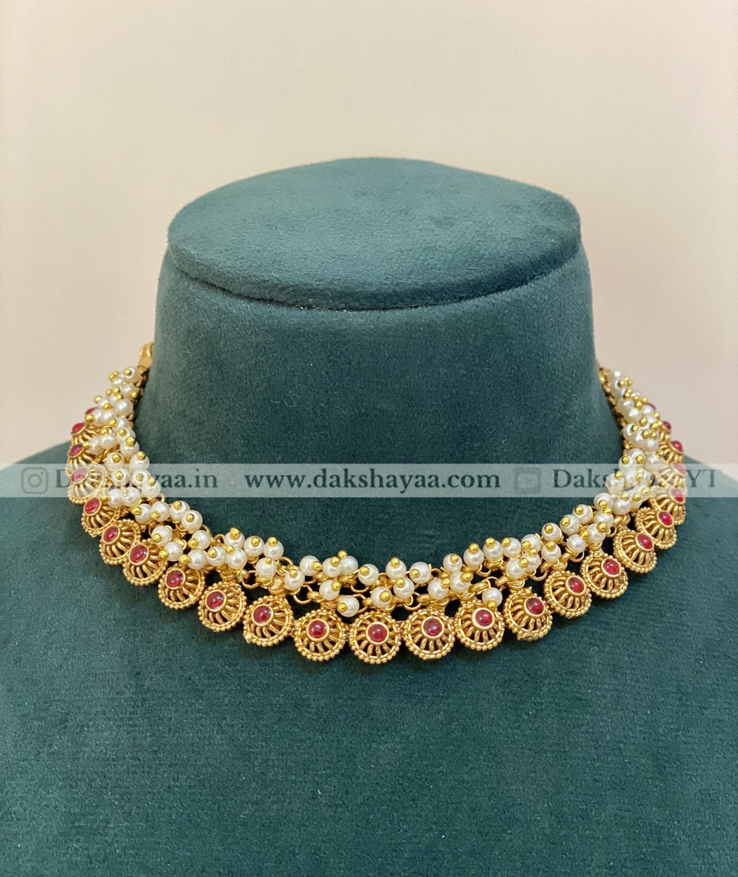 Antique Gold Finish Pearl & Ruby Choker Necklace Set
