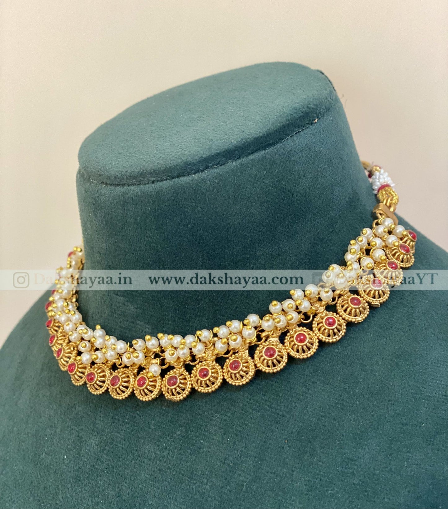 Antique Gold Finish Pearl & Ruby Choker Necklace Set
