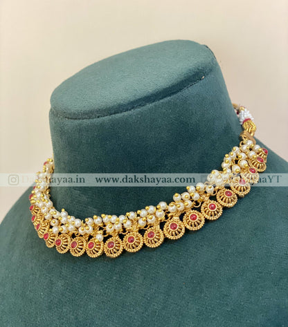 Antique Gold Finish Pearl & Ruby Choker Necklace Set