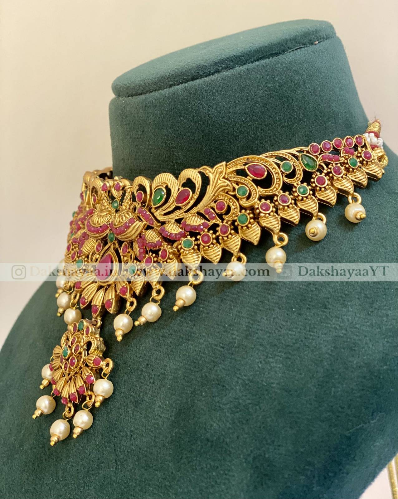 Traditional Peacock & Floral Ruby-Green Choker Necklace Set