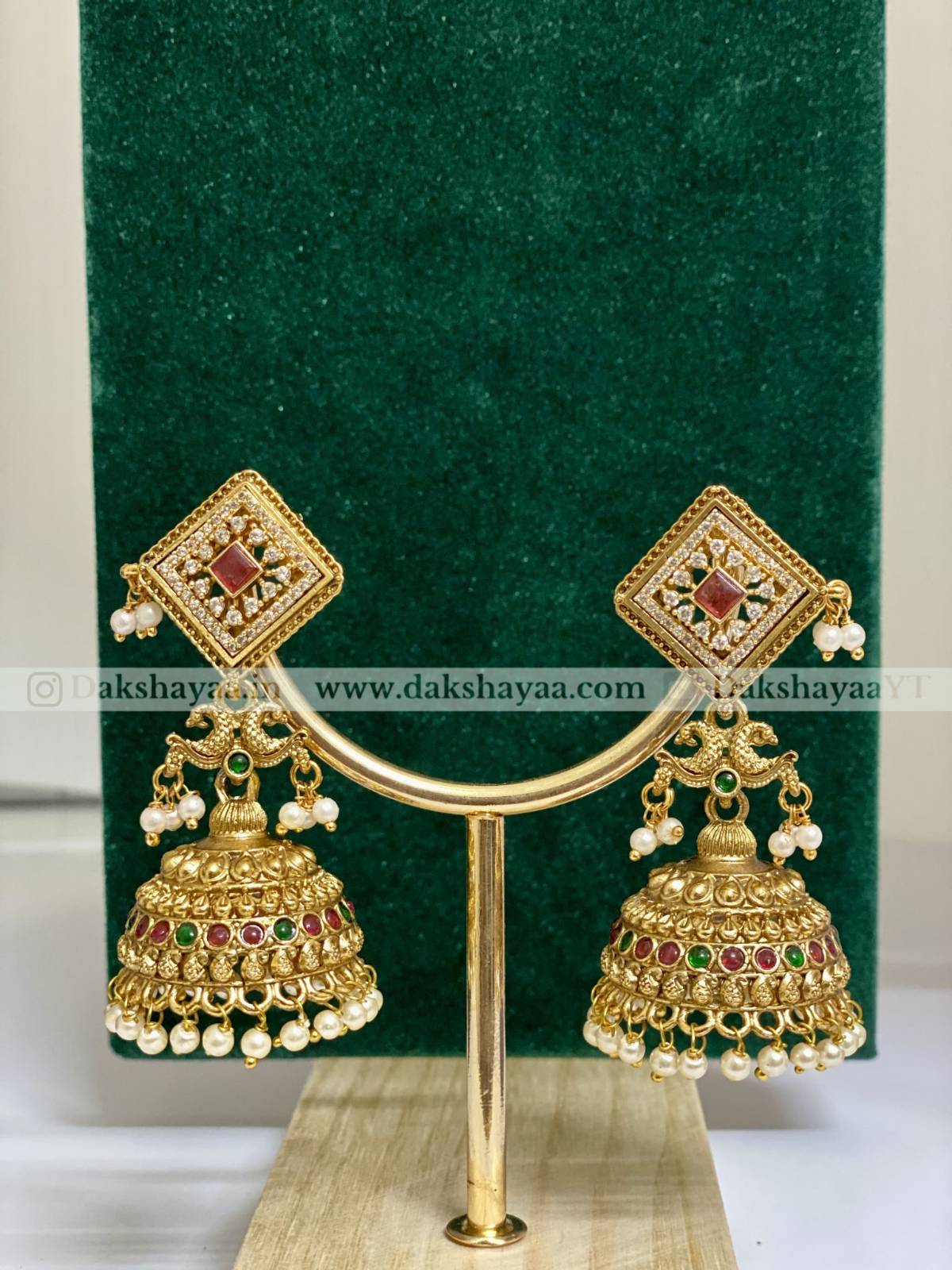 Temple Square Stud Ruby-Green Jhumka Earrings with Pearls