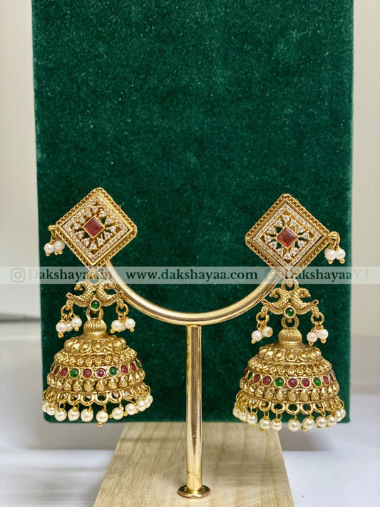 Temple Square Stud Ruby-Green Jhumka Earrings with Pearls