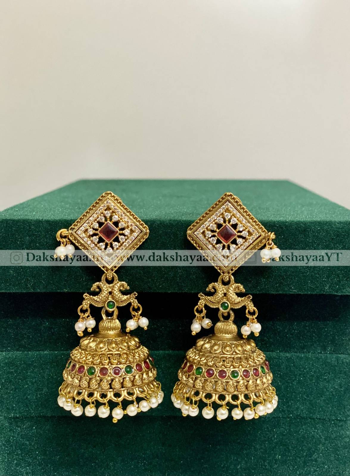 Temple Square Stud Ruby-Green Jhumka Earrings with Pearls