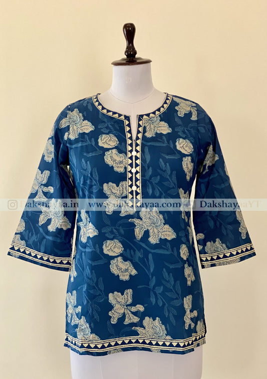 Front view of Indigo Print Pure Cotton Short Kurti Top for Women – Summer Ethnic Wear M-3XL