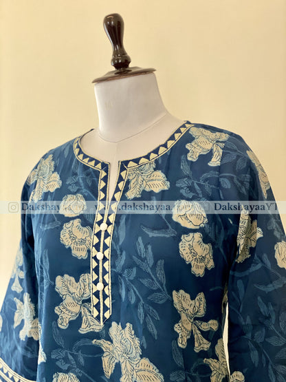 Side angle of Indigo Print Pure Cotton Short Kurti Top for Women – Summer Ethnic Wear M-3XL