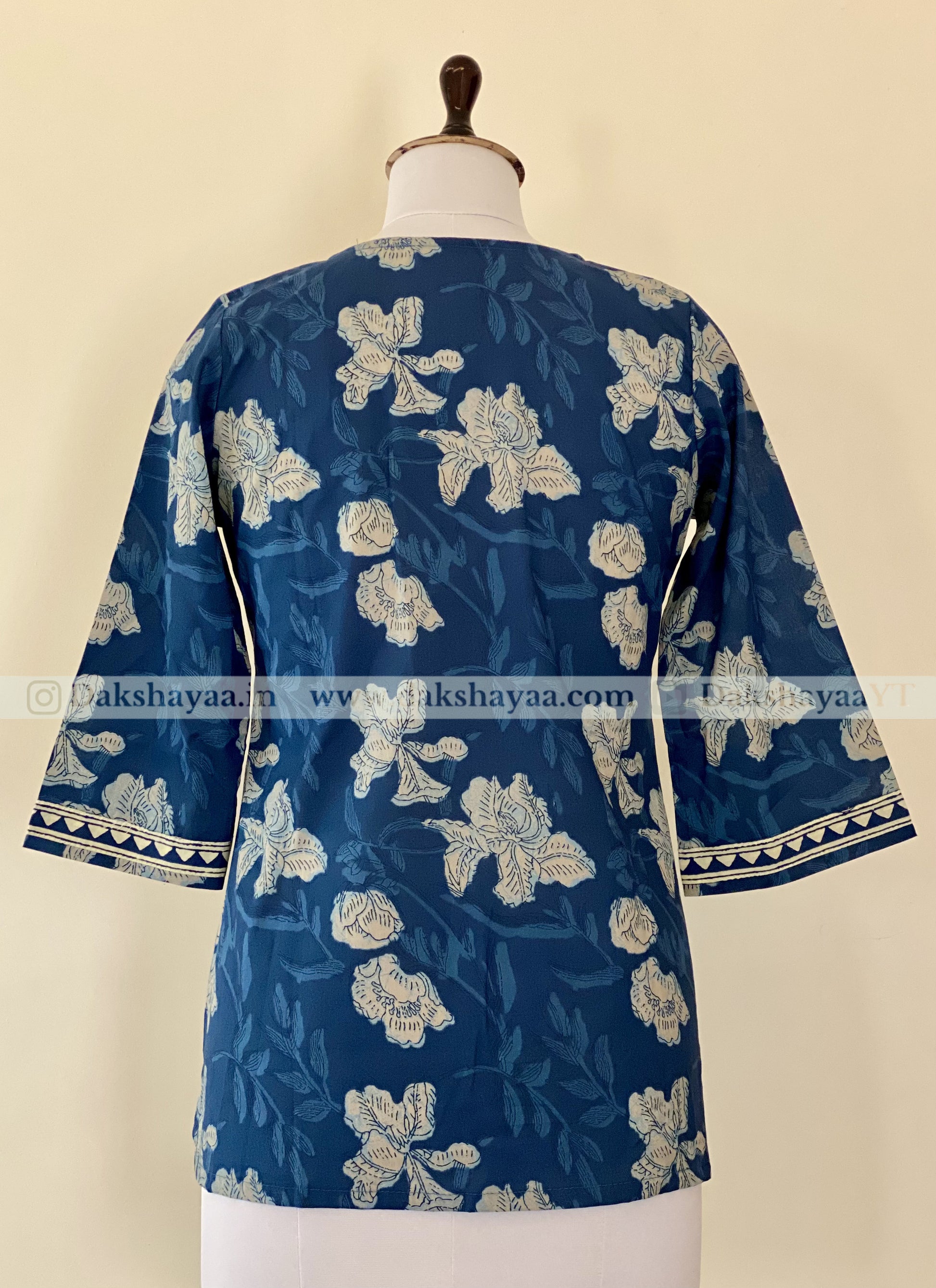 Back view of Indigo Print Pure Cotton Short Kurti Top for Women – Summer Ethnic Wear M-3XL