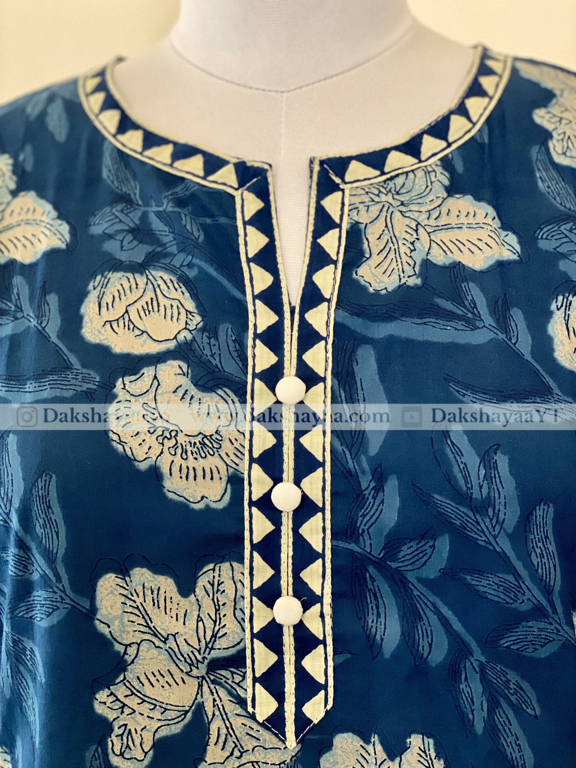 Close-up view of Indigo Print Pure Cotton Short Kurti Top for Women – Summer Ethnic Wear M-3XL