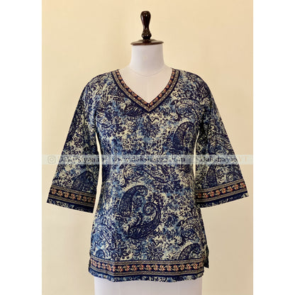 Front view of Paisley Print Pure Cotton Short Kurti Top for Women – Summer Ethnic Wear M-3XL