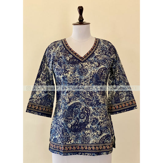 Front view of Paisley Print Pure Cotton Short Kurti Top for Women – Summer Ethnic Wear M-3XL