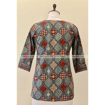 Back view of Ajrakh Print Pure Cotton Short Kurti Top for Women – Handblock Heritage M-3XL