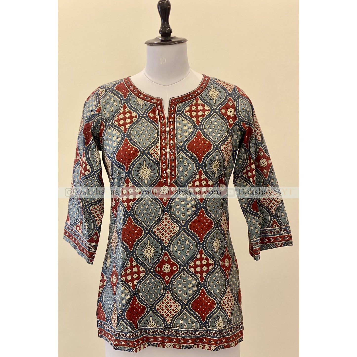 Front view of Ajrakh Print Pure Cotton Short Kurti Top for Women – Handblock Heritage M-3XL
