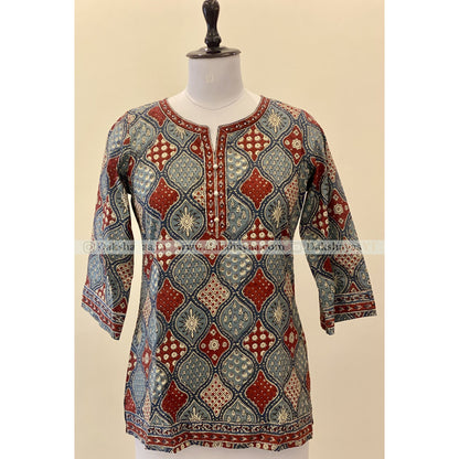 Front view of Ajrakh Print Pure Cotton Short Kurti Top for Women – Handblock Heritage M-3XL