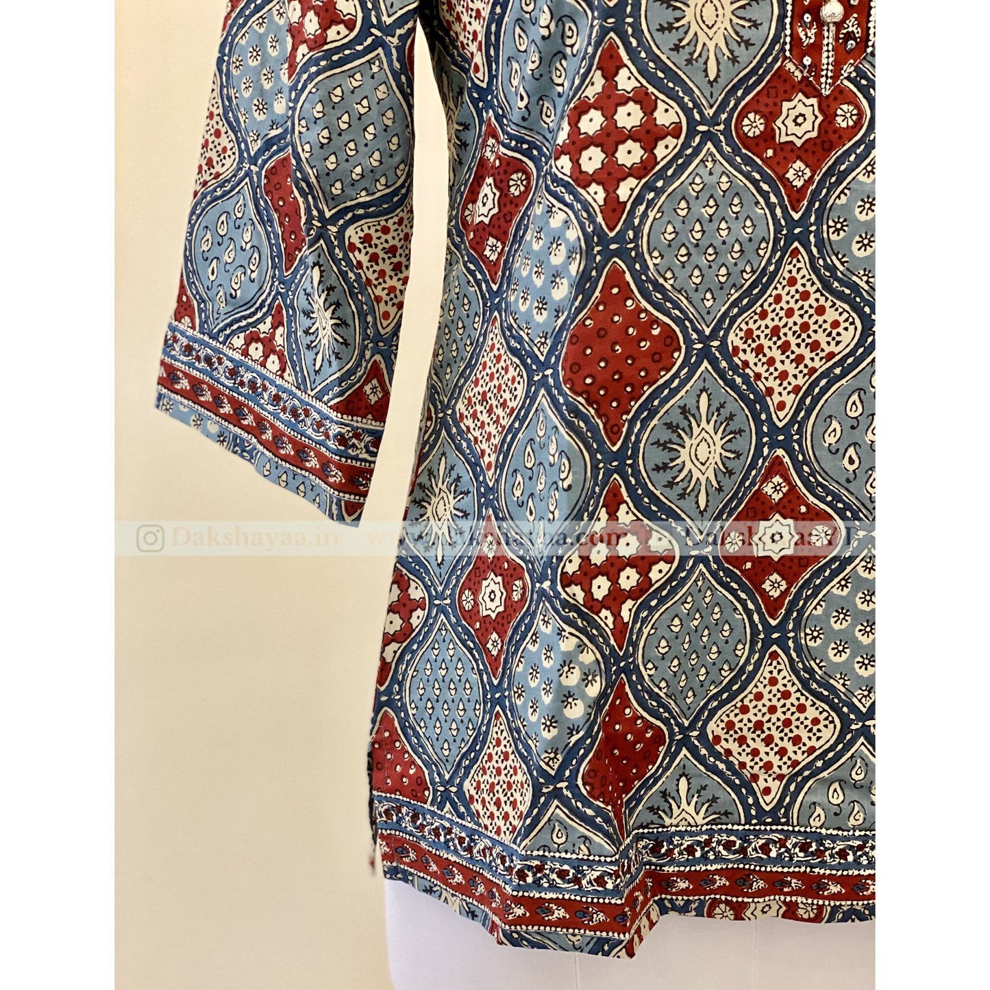 Sleeve design of Ajrakh Print Pure Cotton Short Kurti Top for Women – Handblock Heritage M-3XL