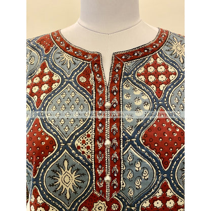 Close-up view of Ajrakh Print Pure Cotton Short Kurti Top for Women – Handblock Heritage M-3XL