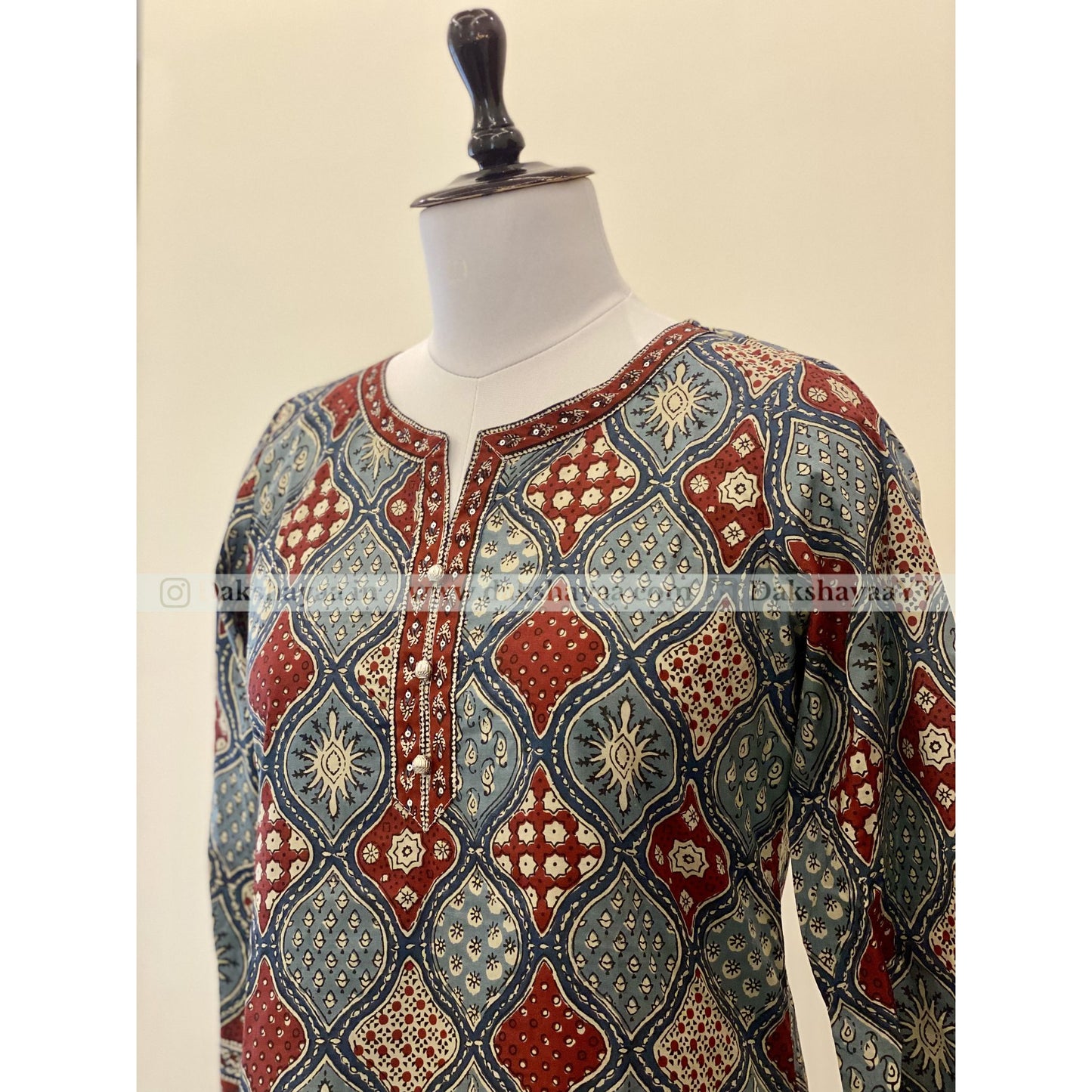 Side angle of Ajrakh Print Pure Cotton Short Kurti Top for Women – Handblock Heritage M-3XL