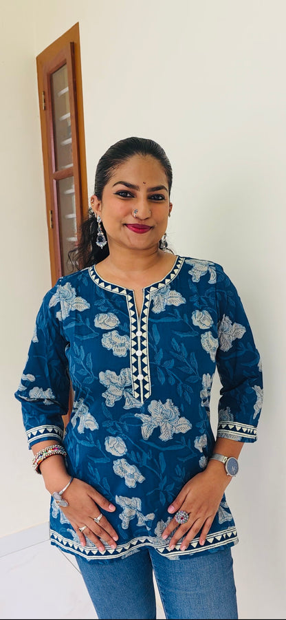 Indigo Print Pure Cotton Short Kurti Top for Women – Summer Ethnic Wear M-3XL
