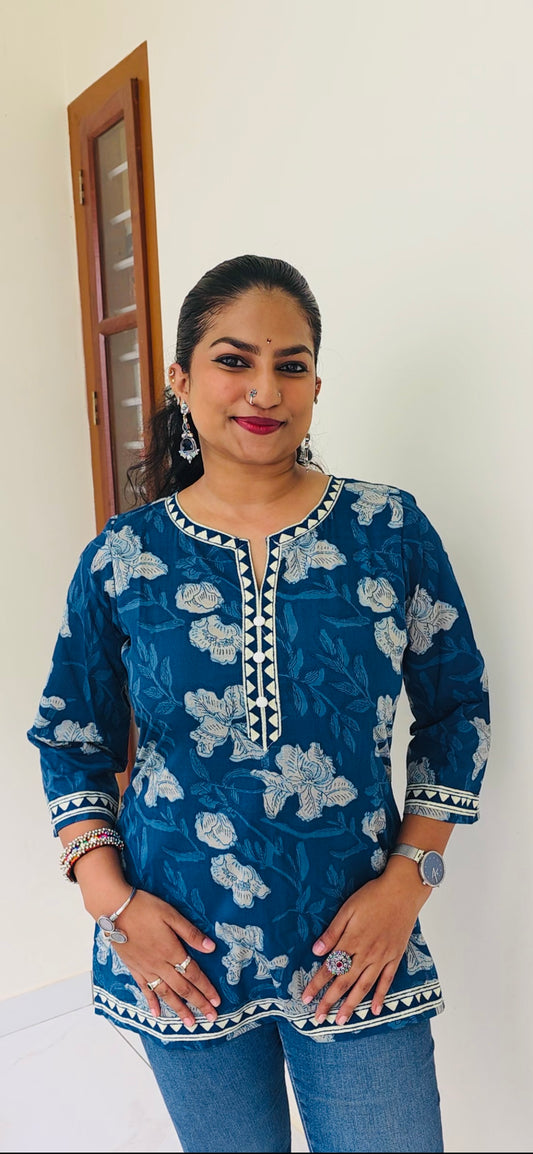 Indigo Print Pure Cotton Short Kurti Top for Women – Summer Ethnic Wear M-3XL