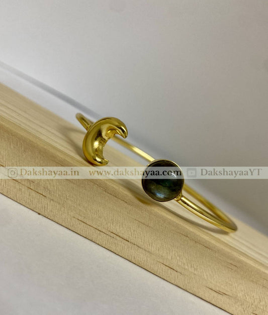 Labradorite & Crescent Moon Open Bangle | Gold Plated Brass