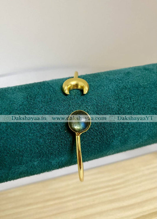 Labradorite & Crescent Moon Open Bangle | Gold Plated Brass