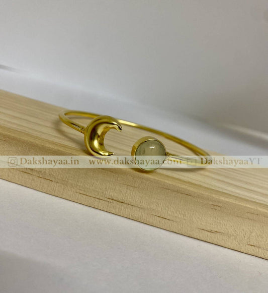 Lemon Quartz & Crescent Moon Open Bangle | Gold Plated Brass