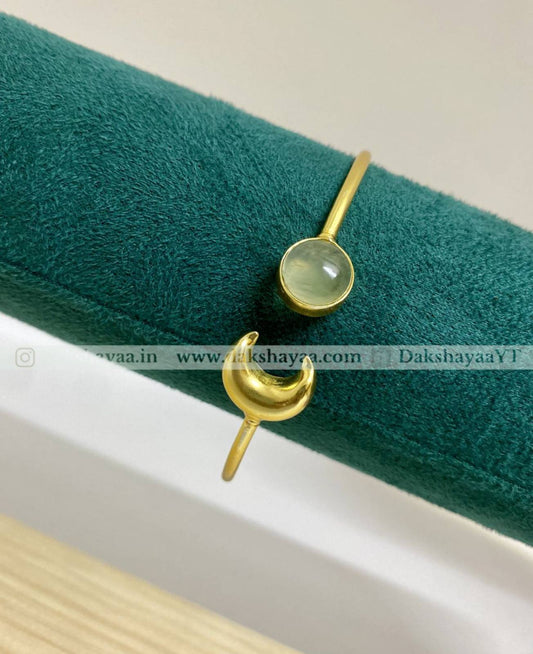 Lemon Quartz & Crescent Moon Open Bangle | Gold Plated Brass