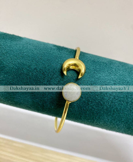 Moonstone & Crescent Moon Open Bangle | Gold Plated Brass