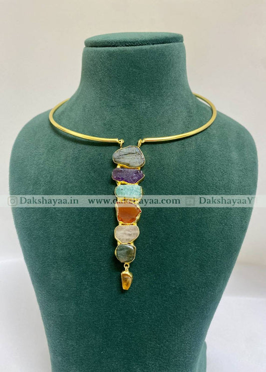 Raw 7 Chakra Crystal Choker Necklace | Gold Plated Brass