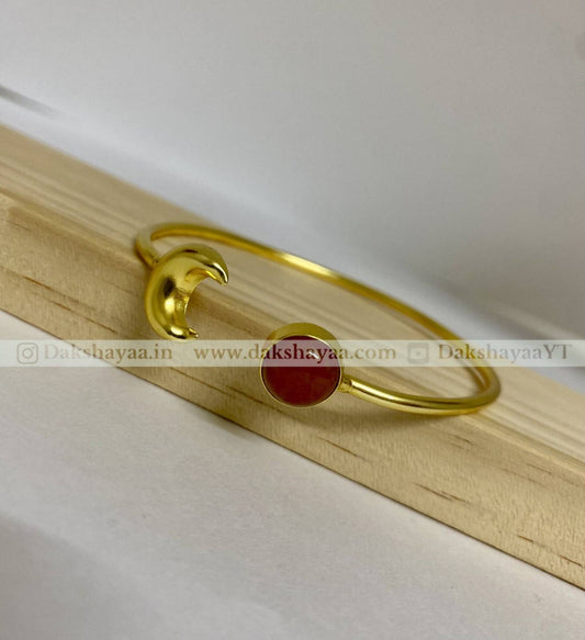 Red Aventurine & Crescent Moon Open Bangle | Gold Plated Brass