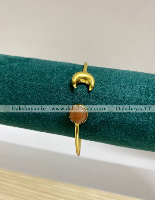 Red Aventurine & Crescent Moon Open Bangle | Gold Plated Brass