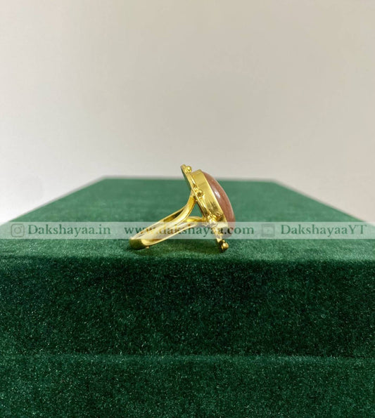 Red Aventurine Ornate Cabochon Ring | Gold Plated Brass