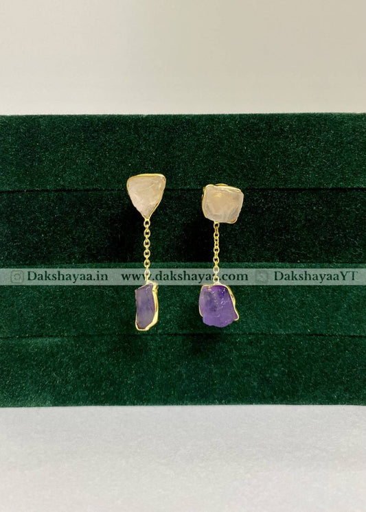 Rose Quartz & Amethyst Raw Crystal Drop Earrings | Gold Plated Brass