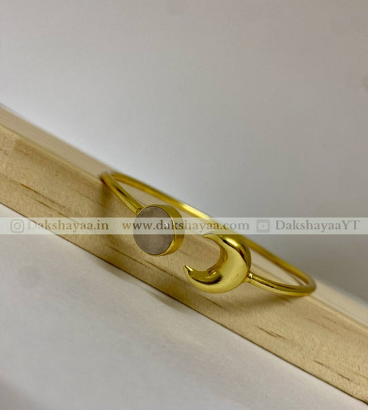 Rose Quartz & Crescent Moon Open Bangle | Gold Plated Brass
