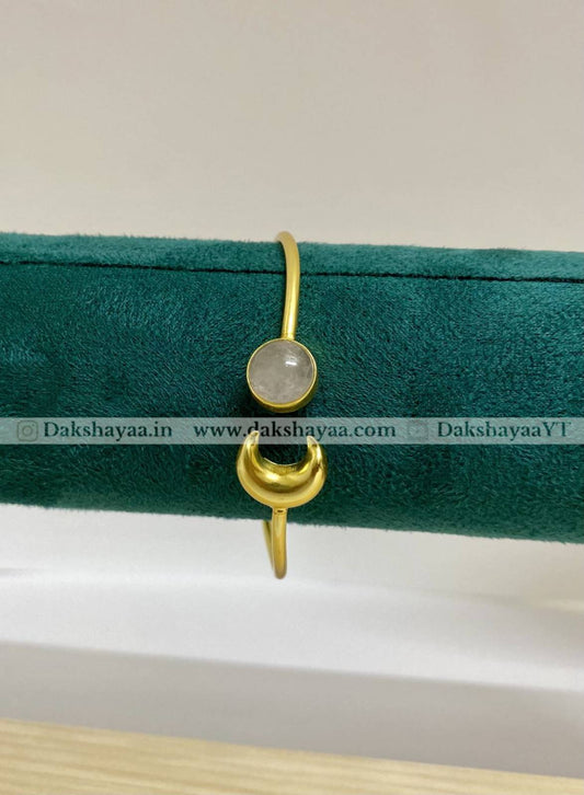 Rose Quartz & Crescent Moon Open Bangle | Gold Plated Brass

