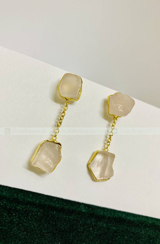 Rose Quartz Raw Crystal Drop Earrings  | Gold Plated Brass